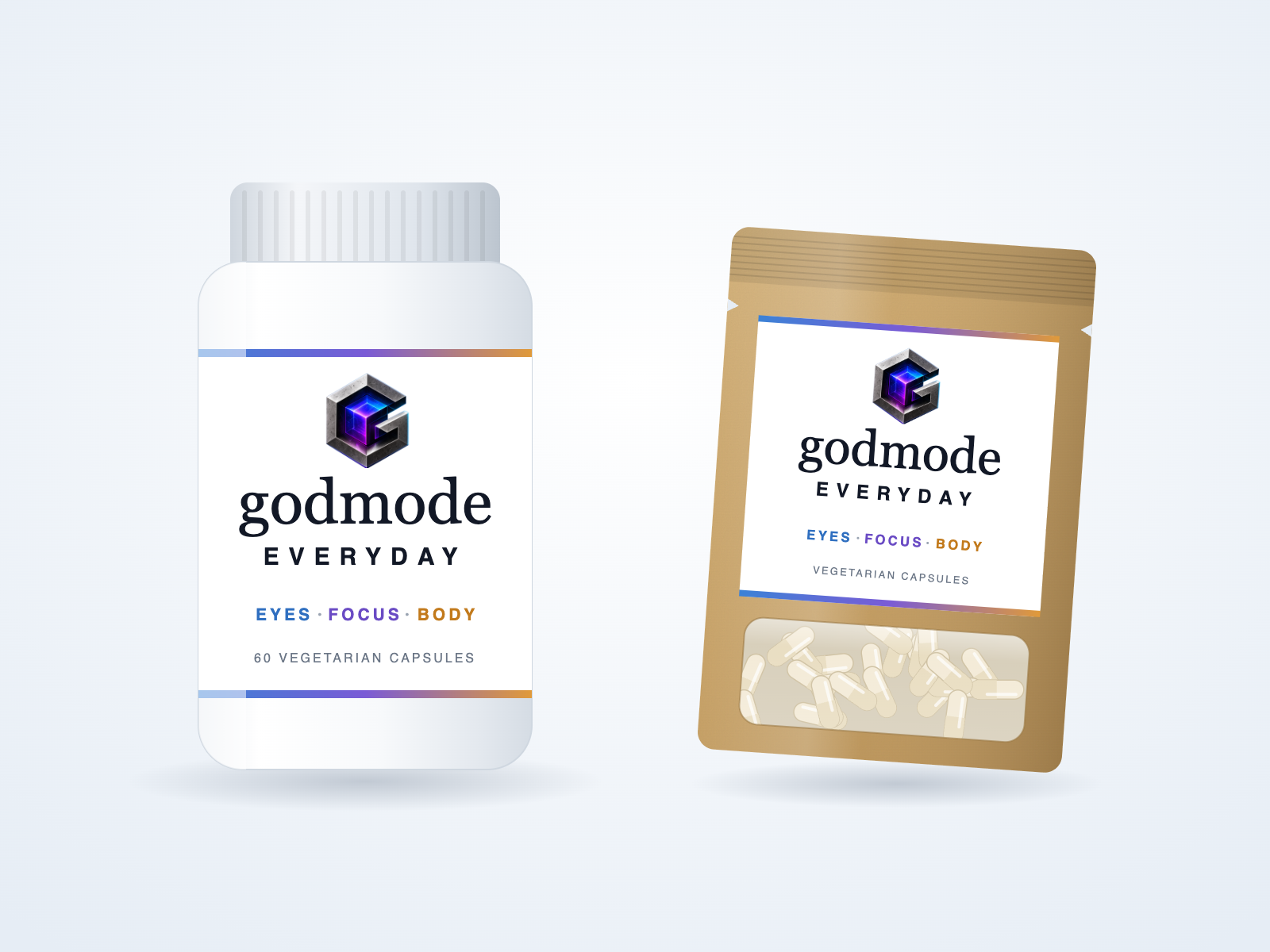 godmode Everyday bottle and kraft pouch with capsule window: Eyes, Focus, Body